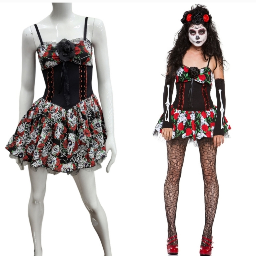 Women’s Day of the Dead Sugar Skull Halloween Costume Dress NEW